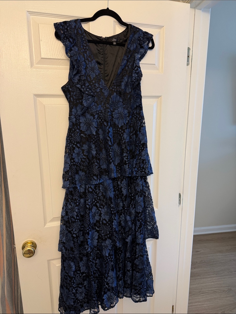 Lulu's Black and Navy Blue Floral Lace Maxi Dress